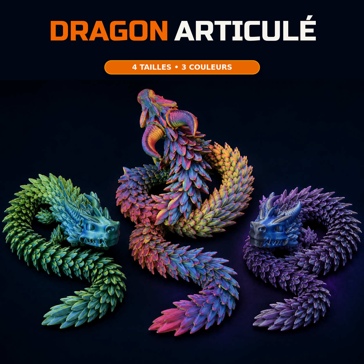 Dragon articulé imprimé en 3D | 4 tailles